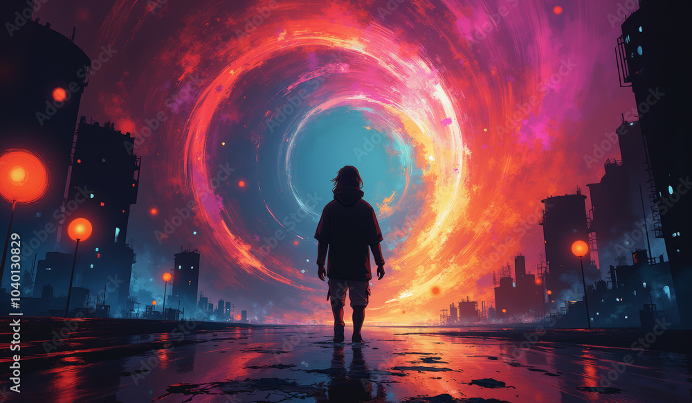 a man walks in front of a large circle with the words the universe . a man walks in front of a large circle with the words the universe .