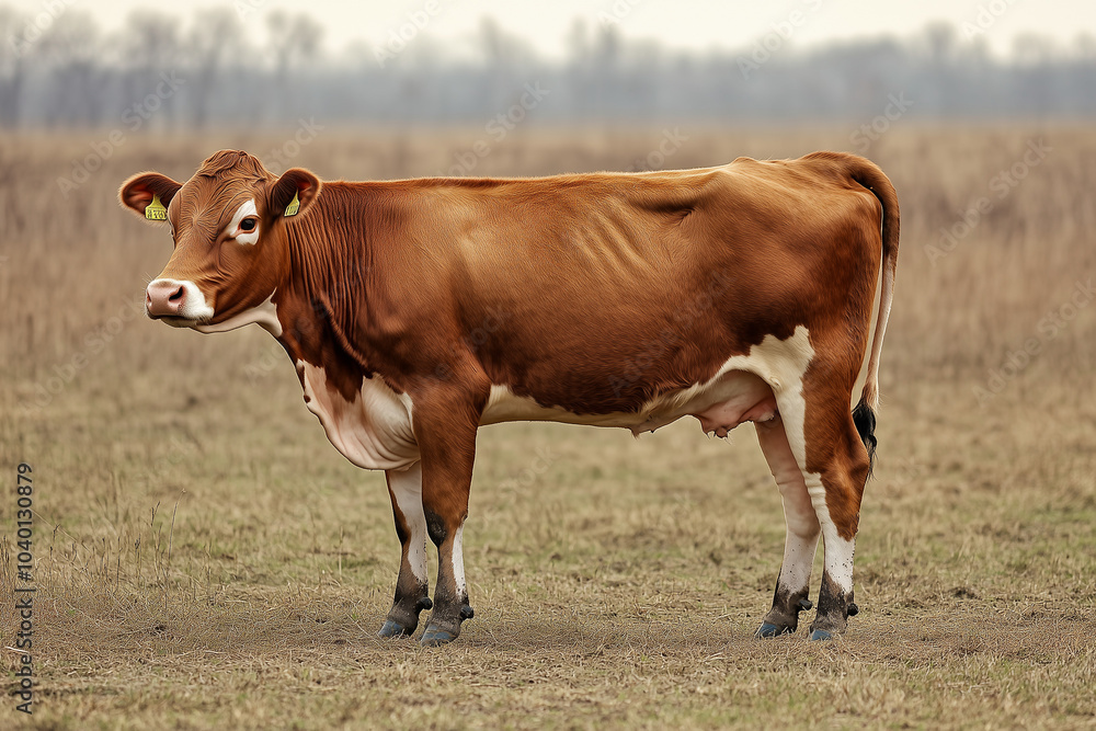 Selective focus brown cow standing on grass field, Whole body of cow in countryside ranch, Portrait of chocolate cow in livestock farming. Selective focus brown cow standing on grass field, Whole body of cow in countryside ranch, Portrait of chocolate cow in livestock farming.