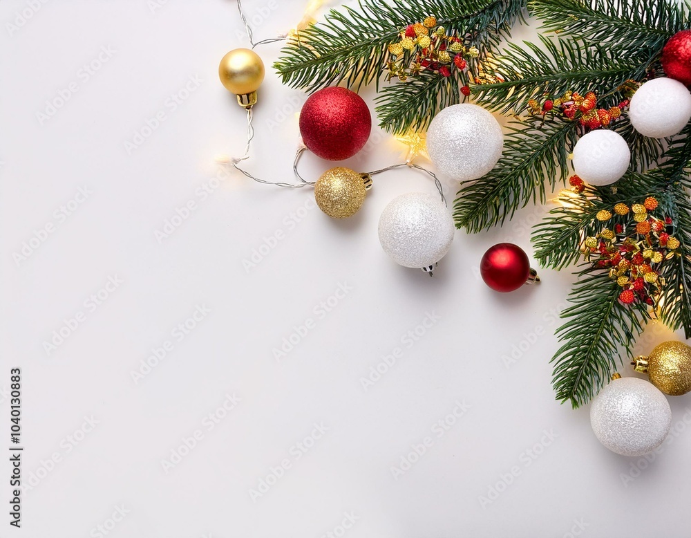 spruce branches with new year red white gold silver decorations and lights on a white background spruce branches with new year red white gold silver decorations and lights on a white background