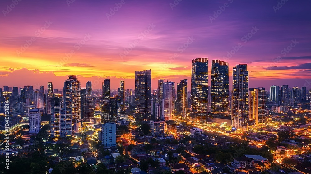 Obraz premium Twilight cityscape a vibrant skyline experience