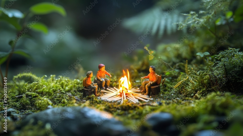Campfire Tales, tiny campers gathered, flickering match fire, sharing stories under a starlit sky, whimsical evening atmosphere Campfire Tales, tiny campers gathered, flickering match fire, sharing stories under a starlit sky, whimsical evening atmosphere