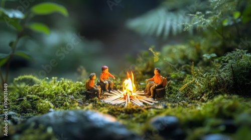 Campfire Tales, tiny campers gathered, flickering match fire, sharing stories under a starlit sky, whimsical evening atmosphere