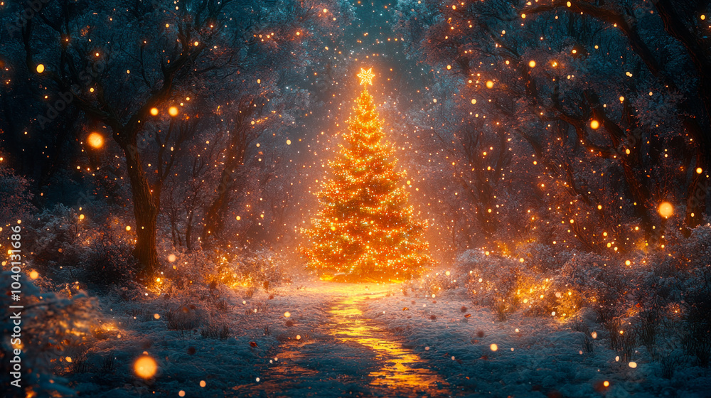 Psychedelic glowing magic Christmas tree in enchanted forest Psychedelic glowing magic Christmas tree in enchanted forest
