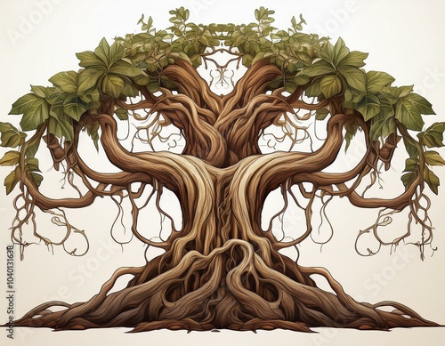 symmetrical wood root with huge vines and liana plant branches isolated on white background