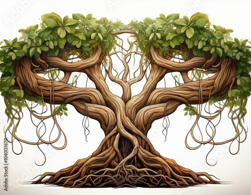 symmetrical wood root with huge vines and liana plant branches isolated on white background