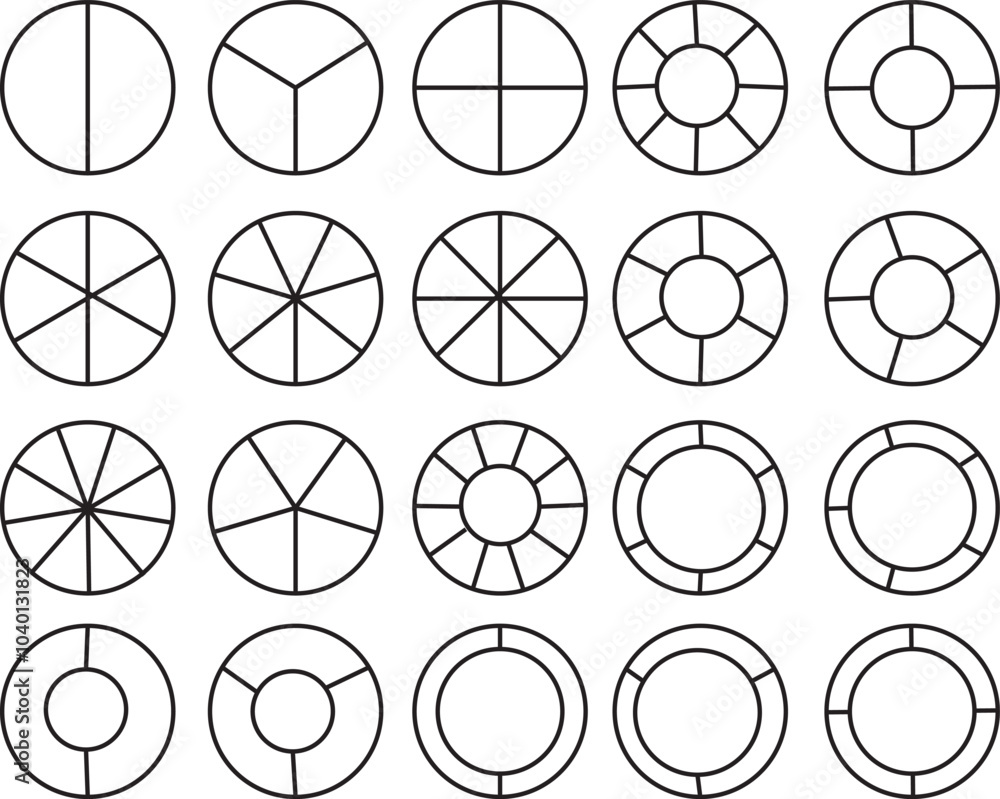 Pie chart infographic collection with 3,4,5,6 and 7,8 sections or steps. Set of circle diagram, infographic design. Infographic element. Pie chart infographic collection with 3,4,5,6 and 7,8 sections or steps. Set of circle diagram, infographic design. Infographic element.