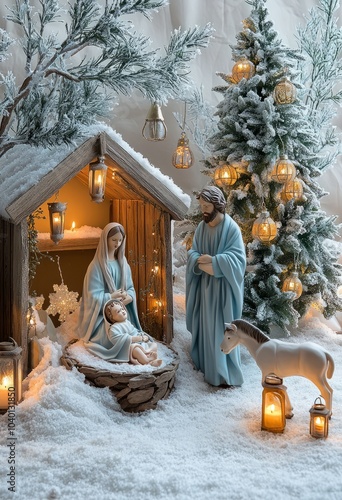 Nativity scene with figurines of Mary, Joseph, and baby Jesus.