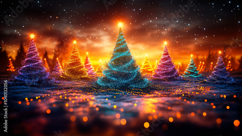 Glowing Christmas trees in dark enchanted winter forest