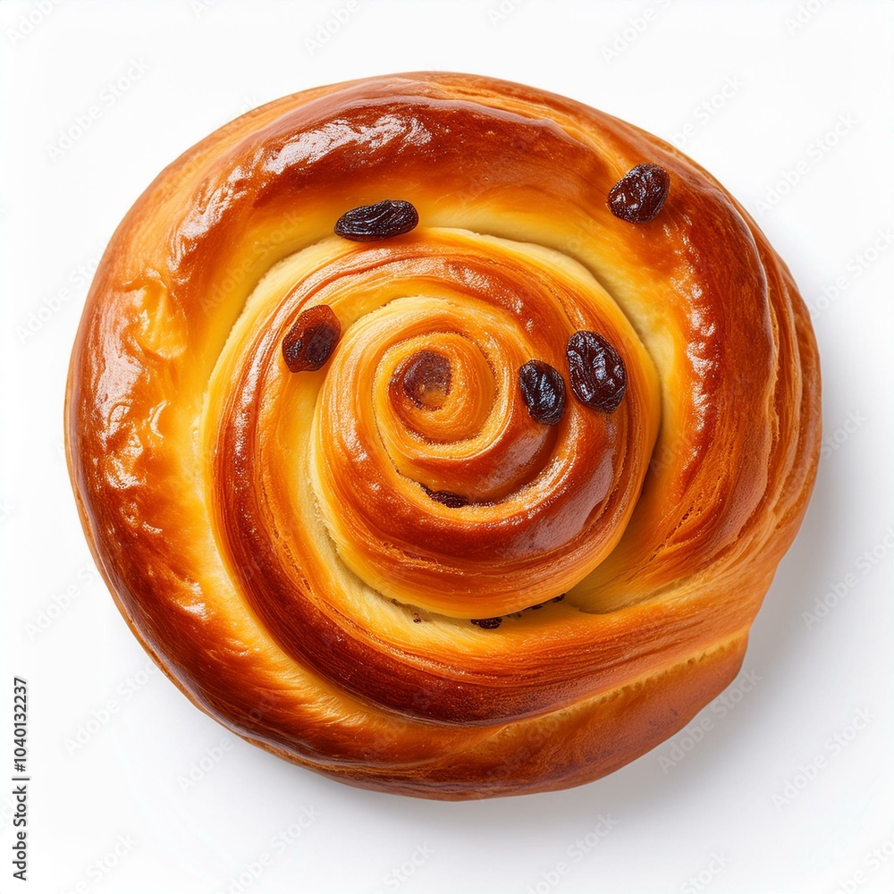 top view of a single swedish saffron bun with twisted shape and raisin details isolated on white background top view of a single swedish saffron bun with twisted shape and raisin details isolated on white background