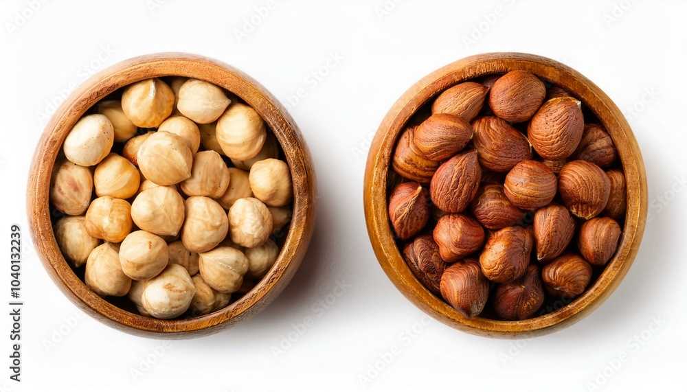 top view roasted hazelnuts in a dark wooden bowl isolated on white background top view roasted hazelnuts in a dark wooden bowl isolated on white background
