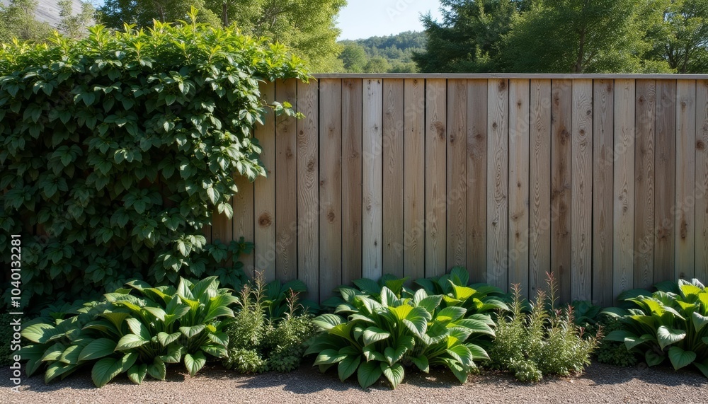 Tranquil garden scene with lush greenery and wooden fence Tranquil garden scene with lush greenery and wooden fence