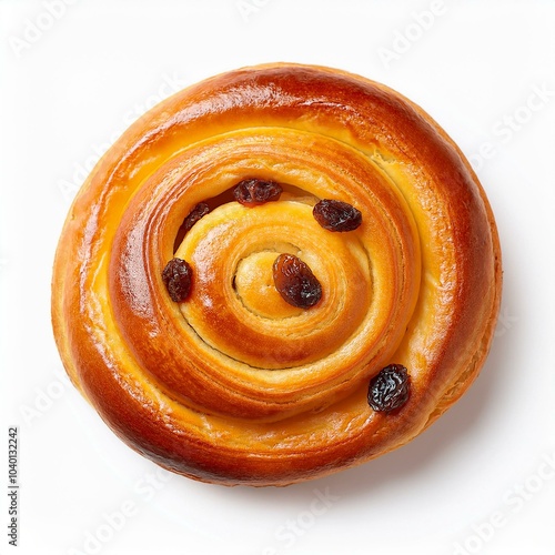 top view of a single swedish saffron bun with twisted shape and raisin details isolated on white background photo