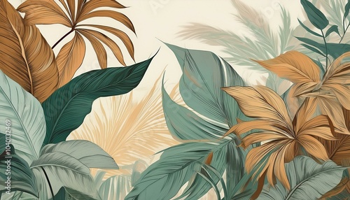 tropical leaves botanical illustration nature background artistic design muted colors aesthetic decor wall mural vintage style