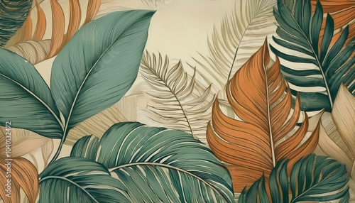 tropical leaves botanical illustration nature background artistic design muted colors aesthetic decor wall mural vintage style