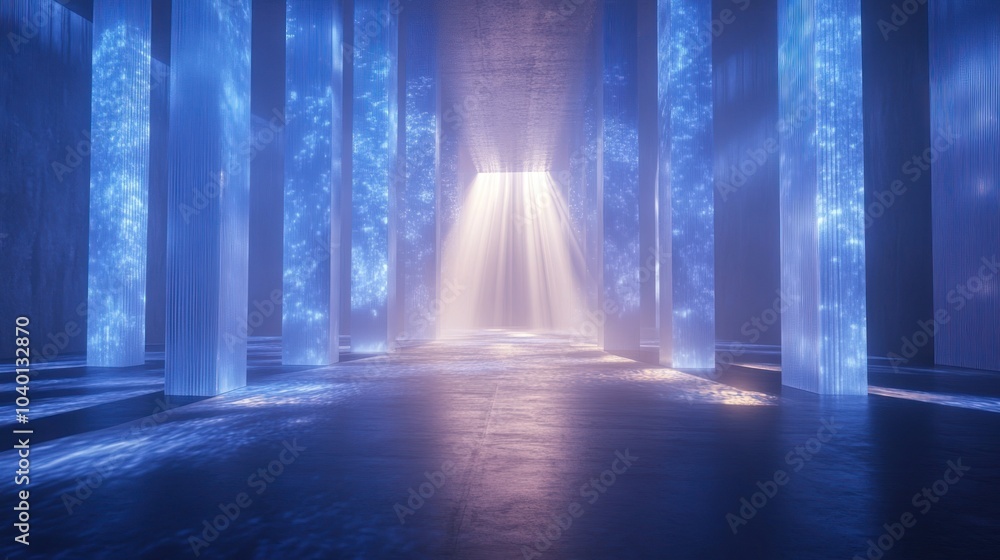 Glowing Pillars in a Futuristic Hallway Glowing Pillars in a Futuristic Hallway