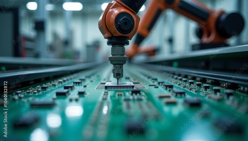 Fototapeta premium Robotic precision in electronics manufacturing
