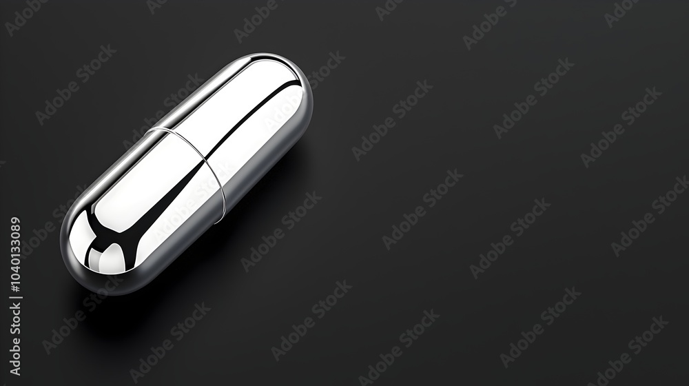 Levitating Chrome Pill on Black Background - Eye-Catching Reflective Design for Modern Product Displays and Creative Concepts Levitating Chrome Pill on Black Background - Eye-Catching Reflective Design for Modern Product Displays and Creative Concepts
