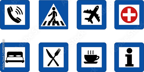 Blue Square Road Signs. Vector Icons. Telephone, Crosswalk, Airport, First Aid. Hotel, Restaurant, Highway Diner and Information