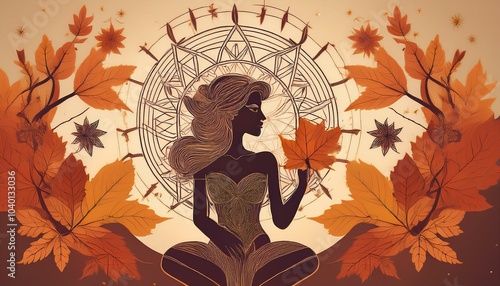 virgo themed design with earth toned mandalas sacred symbols and virgo maiden silhouette holding autumn leaves