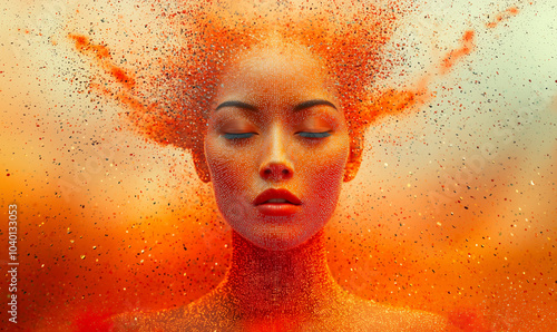 Abstract portrayal of a serene human face dissolving into vibrant orange particles, symbolizing transformation, inner peace, and the fusion of human consciousness with digital ar photo