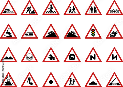 Red Triangular Road Signs. Vector Icons. Humorous Stickers. Embankment Exit, Road Works, Pedestrian Crossing, School Crossing. Parking, Traffic Jam, Traffic Light, Train, Zombie, Witch Road, and More