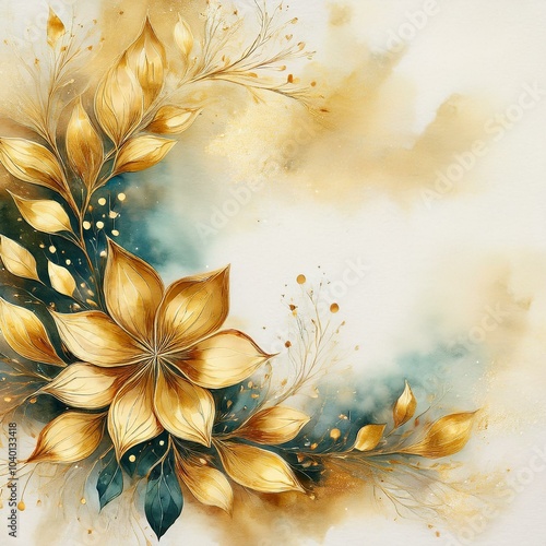 watercolor background with golden floral composition