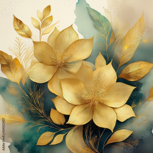 watercolor background with golden floral composition