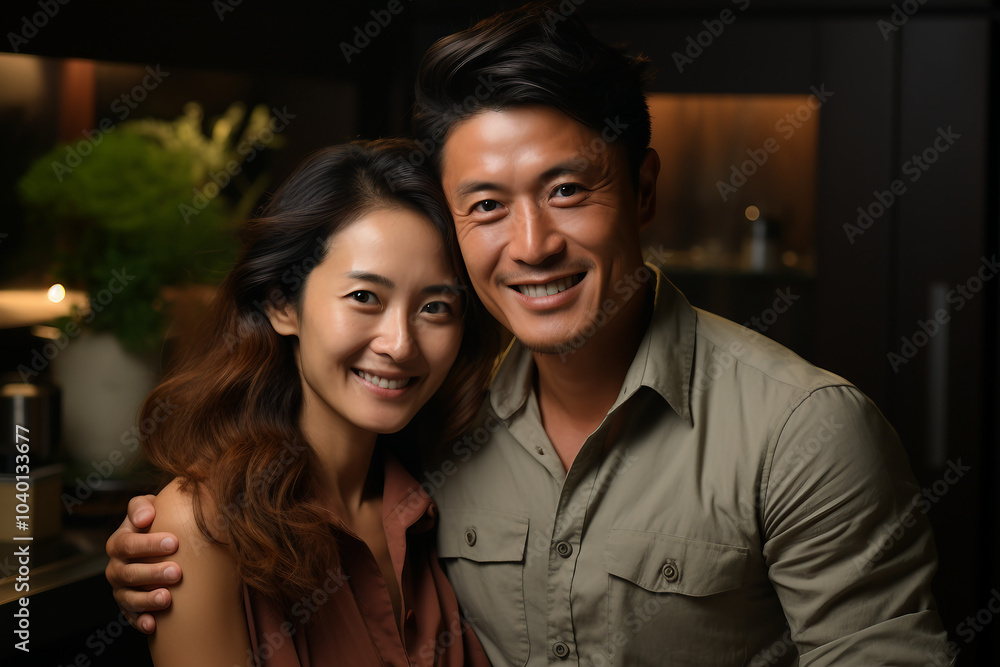 Portrait of happy young couple spending time at home AI generated image Portrait of happy young couple spending time at home AI generated image