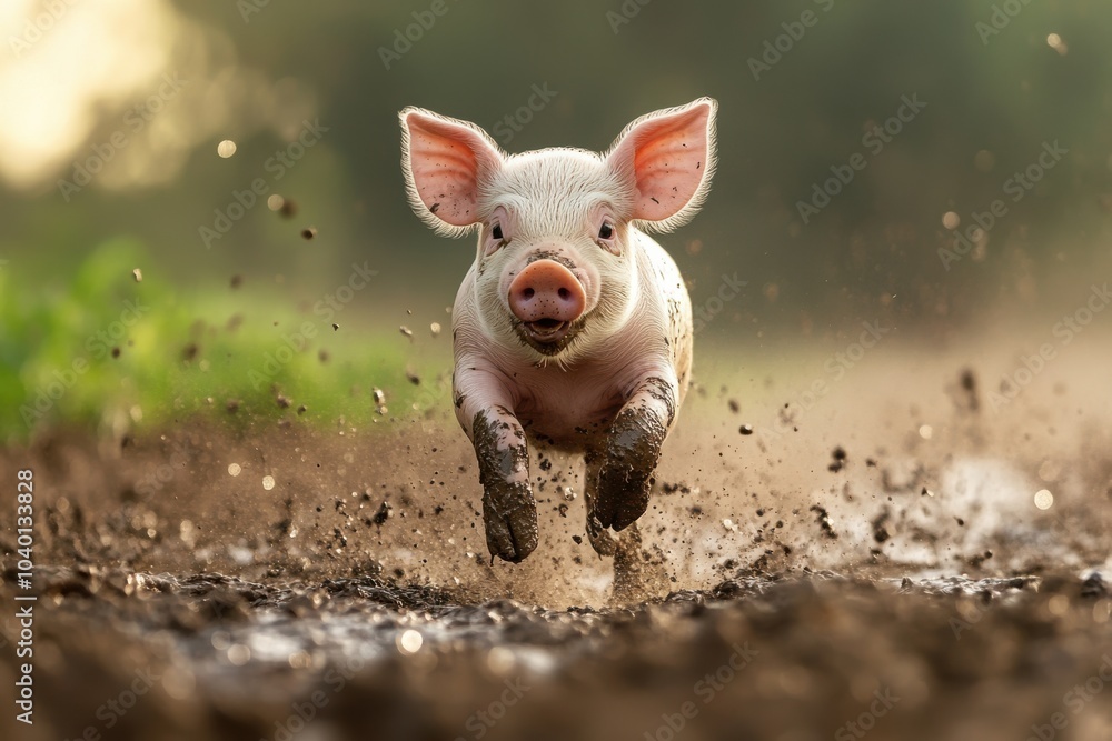 Piglet running through a muddy field after a light rain, motion blur capturing its joyful play and small frame, farm, playful, nature, animal, fun. Piglet running through a muddy field after a light rain, motion blur capturing its joyful play and small frame, farm, playful, nature, animal, fun.