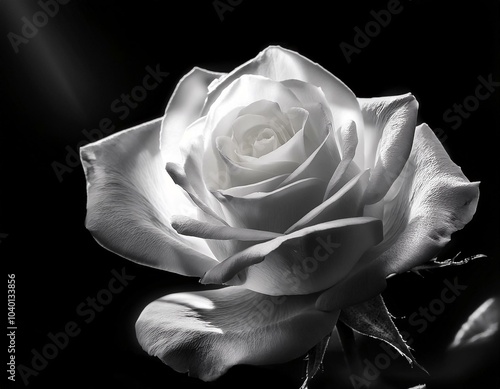 white rose in black background close up monochrome high contrast backlighting shallow depth of field soft focus grayscale blurred edges ethereal and mysterious atmosphere