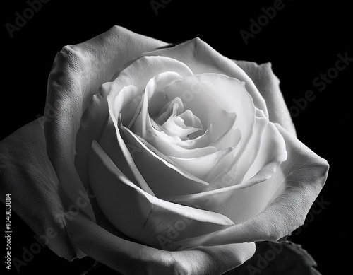 white rose in black background close up monochrome high contrast backlighting shallow depth of field soft focus grayscale blurred edges ethereal and mysterious atmosphere