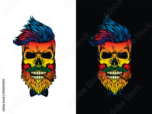 Hipster skull with beard and mustache with cigar in mouth.. Original vector illustration in vintage style. T-shirt design.