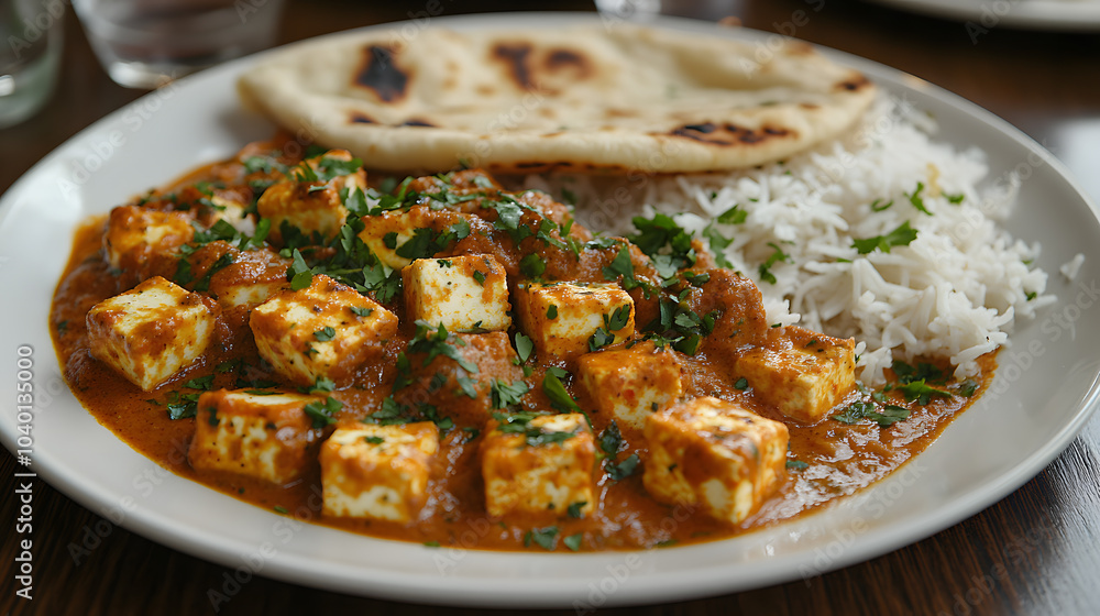 A plate of rich and creamy Paneer Butter Masala, with cubes of paneer cooked in a tomato-butter sauce, served with garlic naan and a sprinkle of fresh coriander A plate of rich and creamy Paneer Butter Masala, with cubes of paneer cooked in a tomato-butter sauce, served with garlic naan and a sprinkle of fresh coriander