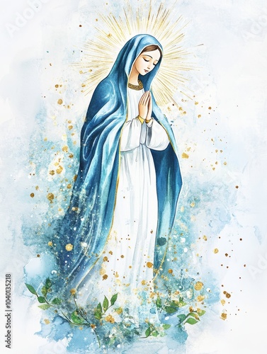 Watercolor painting of the Virgin Mary praying.