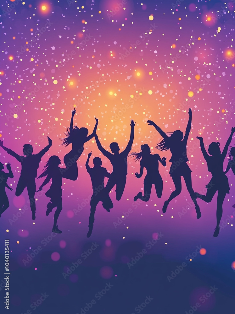 A graphic design of people jumping in the air with colorful lights on a purple background for an event poster. A graphic design of people jumping in the air with colorful lights on a purple background for an event poster.