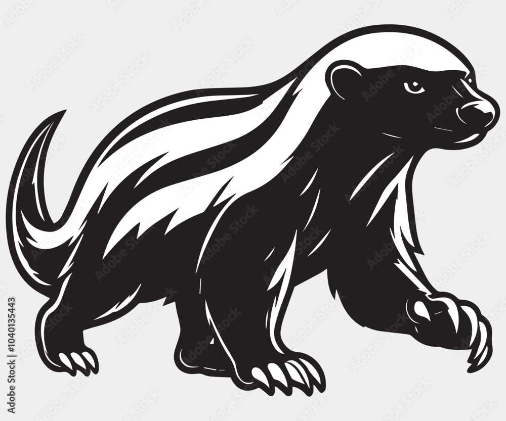 Fototapeta premium Honey Badger Vector Art tropical animal silhouette art in black and white. Badger Silhouette Isolated On White Background.
