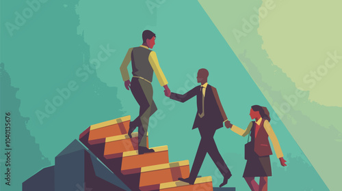 Employees giving hands and helping colleagues to walk upstairs, flat vector illustration, Mentorship