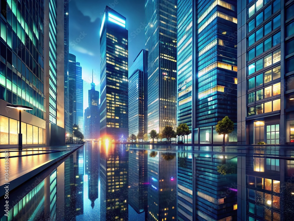 Obraz premium Modern Skyscrapers at Night: 3D Render of Urban Life with Reflections on Wet Streets for Business Vision and