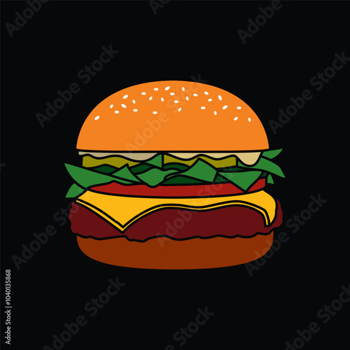 Burger with cutlet, tomatoes and herbs. Original vector illustration in vintage style. T-shirt design.