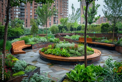 Pocket park transformed into an urban garden, with benches, pathways, and a variety of plants growing in artistic arrangements, providing a green oasis in the city  photo