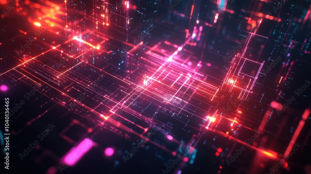 Dynamic geometric shapes connected by glowing light beams on a high-tech digital grid Dynamic geometric shapes connected by glowing light beams on a high-tech digital grid