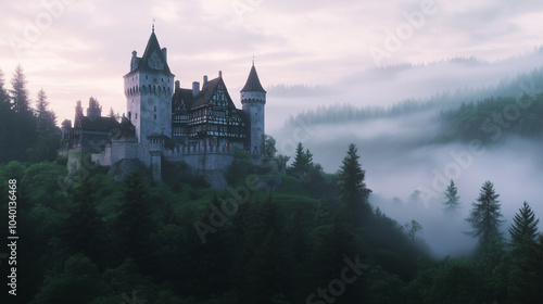 A castle is perched on a hillside in a foggy forest. The castle is surrounded by trees and the misty atmosphere gives it an eerie and mysterious feel