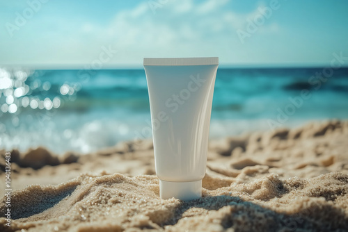 Tube of sunscreen lotion mockup template standing on sandy beach against sea view landscape, summer skin care and cosmetic concept background.