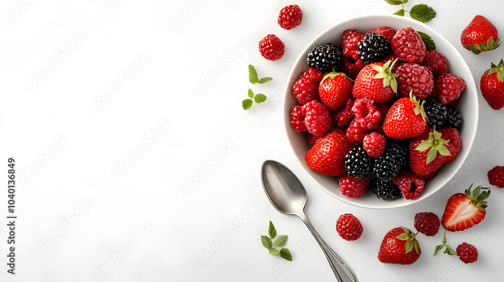 bowl of fresh berries including strawberries, raspberries, and blackberries, elegantly displayed with spoon nearby, evokes sense of freshness and delight bowl of fresh berries including strawberries, raspberries, and blackberries, elegantly displayed with spoon nearby, evokes sense of freshness and delight