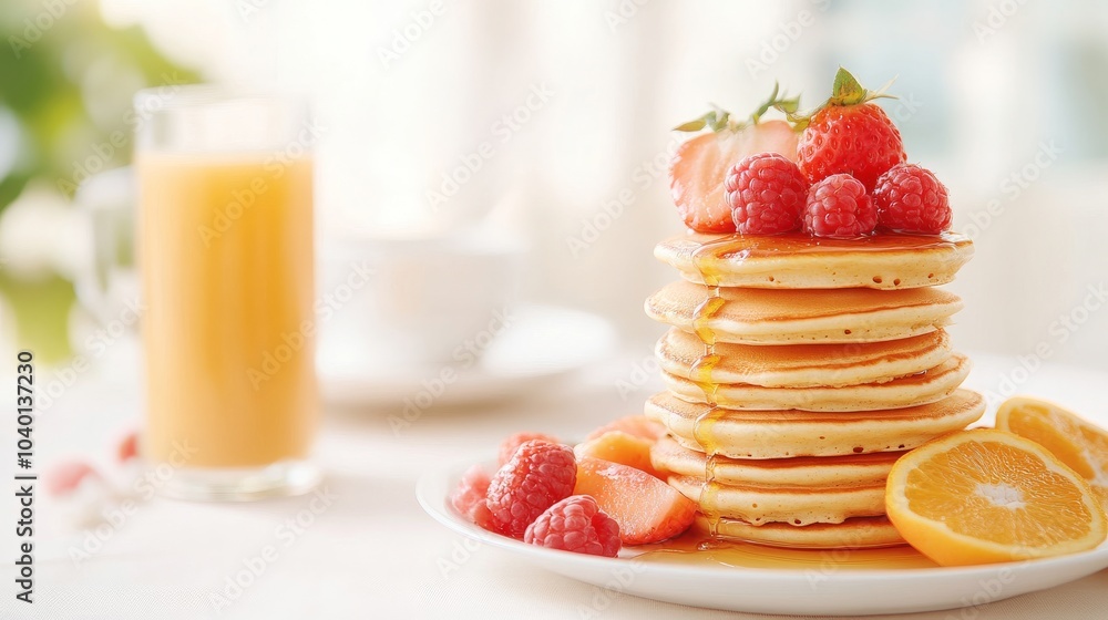 Delicious stack of pancakes with fresh berries and orange slices Delicious stack of pancakes with fresh berries and orange slices
