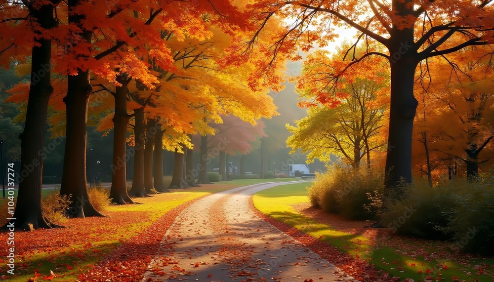 Autumns golden path through the park Autumns golden path through the park