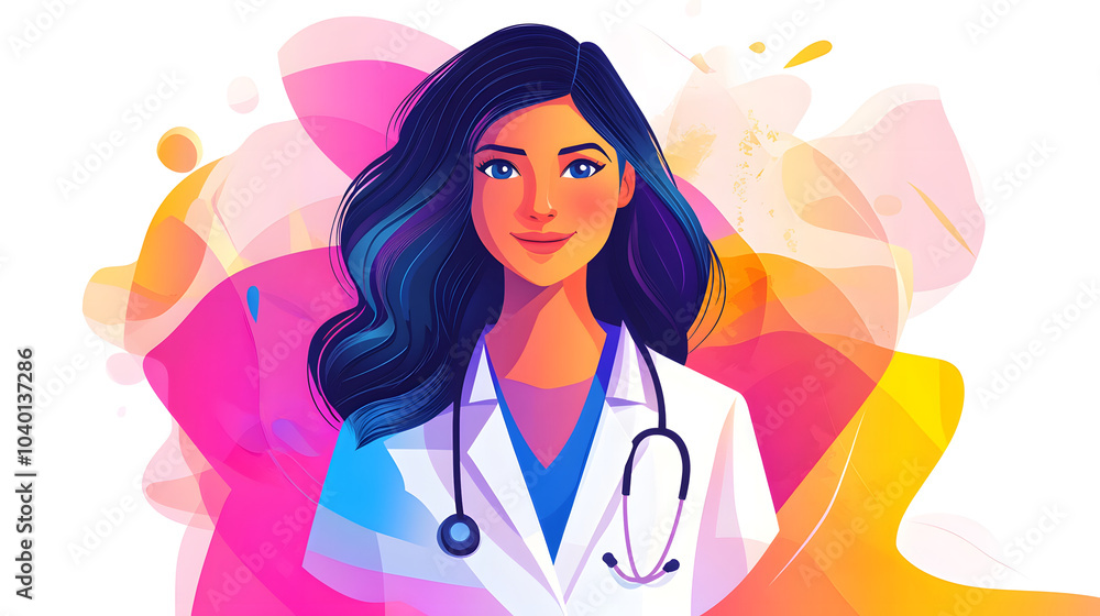 friendly and approachable medical doctor icon with long, wavy hair, wearing white coat and stethoscope, set against vibrant abstract background friendly and approachable medical doctor icon with long, wavy hair, wearing white coat and stethoscope, set against vibrant abstract background