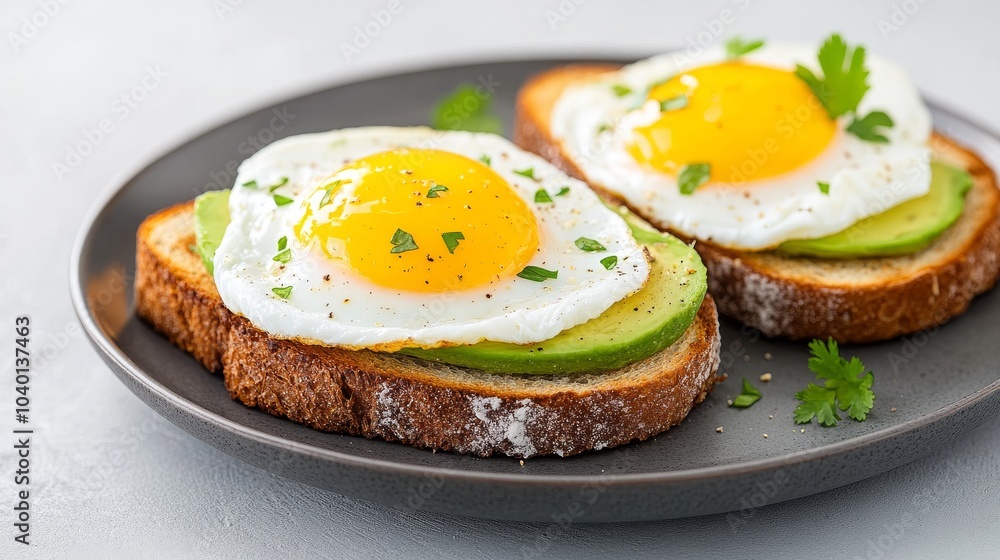 Delicious avocado toast topped with sunny-side-up eggs Delicious avocado toast topped with sunny-side-up eggs