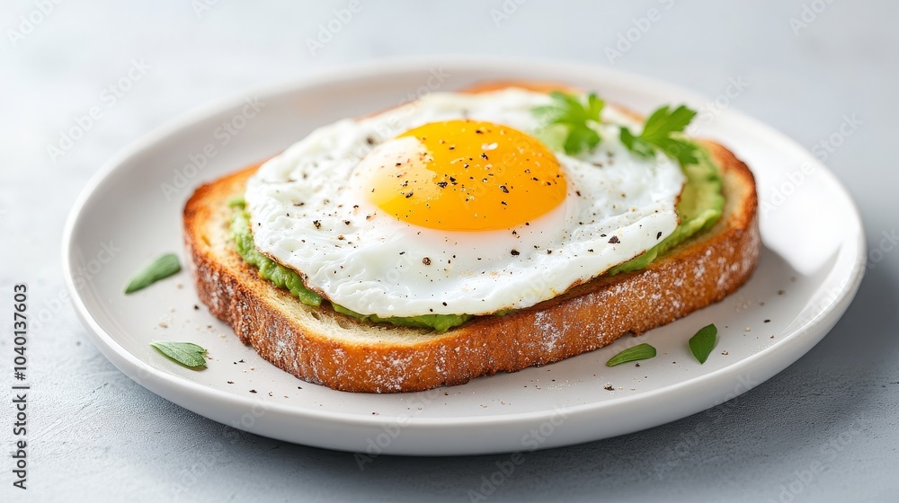 Delicious avocado toast topped with a sunny-side-up egg Delicious avocado toast topped with a sunny-side-up egg