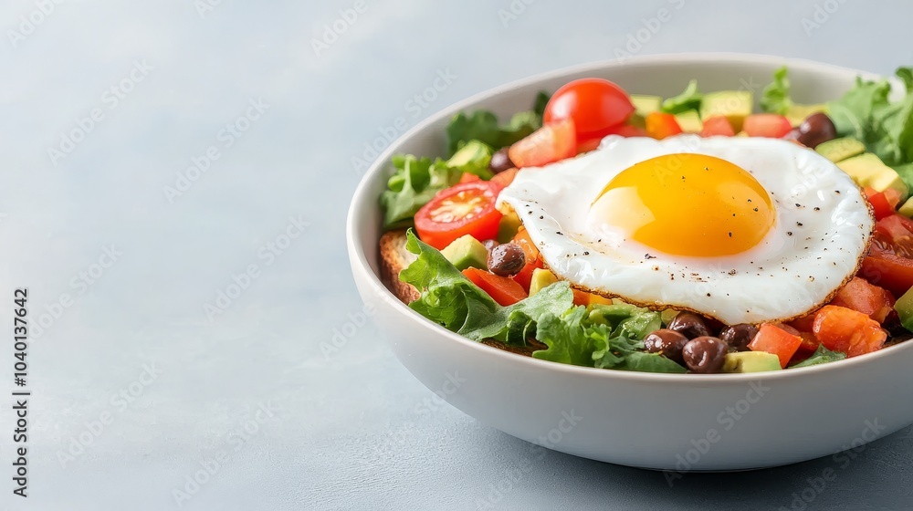 Healthy breakfast bowl with fried egg and fresh vegetables Healthy breakfast bowl with fried egg and fresh vegetables